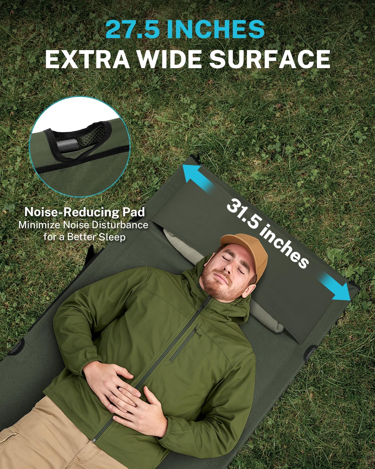 Gonex 31.5" Extra Wide Camping Cot with Leg Extenders 2 in 1 Portable Folding Cot for Adults Height Adjustable Supports 350lbs Sleeping Bed for Backpacking Travel Beach Home (Army Green)