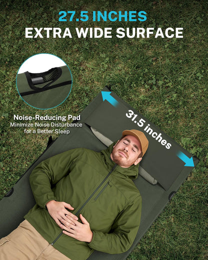 Gonex 31.5" Extra Wide Camping Cot with Leg Extenders 2 in 1 Portable Folding Cot for Adults Height Adjustable Supports 350lbs Sleeping Bed for Backpacking Travel Beach Home (Army Green)