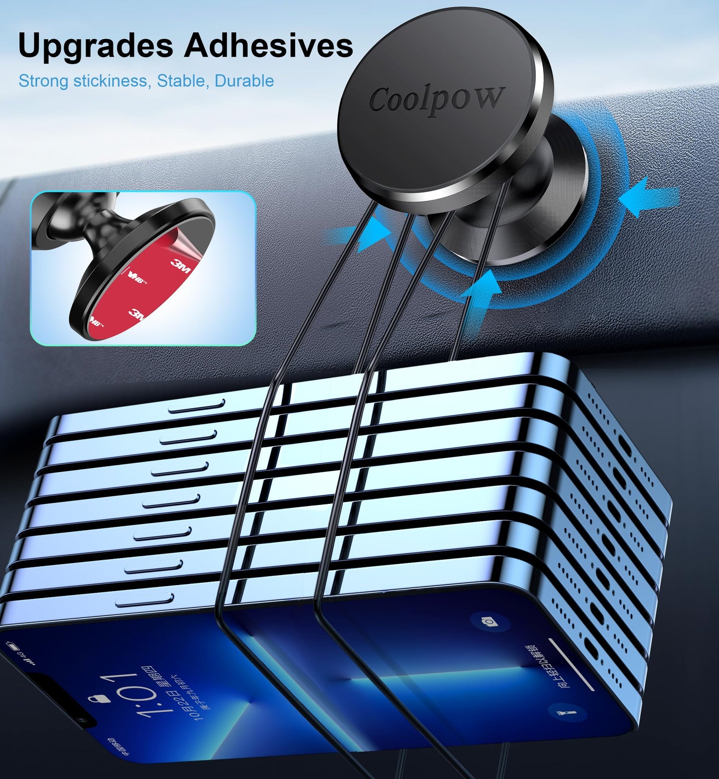 Coolpow【2 Packs 】Magnetic Phone Holder for car【Strong Magnet】phone holders for your car phone holder Mount for Car【4 Metal Plate】Universal Dash cell phone car mount for iphone Samsung car accessories