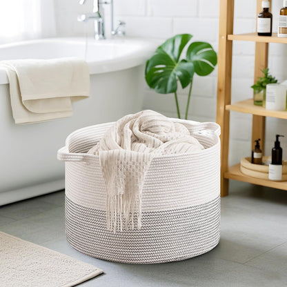 CLHMILY&Z Large Storage Basket - 20x13 Inches - Blanket Basket for Living Room, Woven Storage Basket, Large Laundry Basket for Clothes, for Tree Plant, Mix White