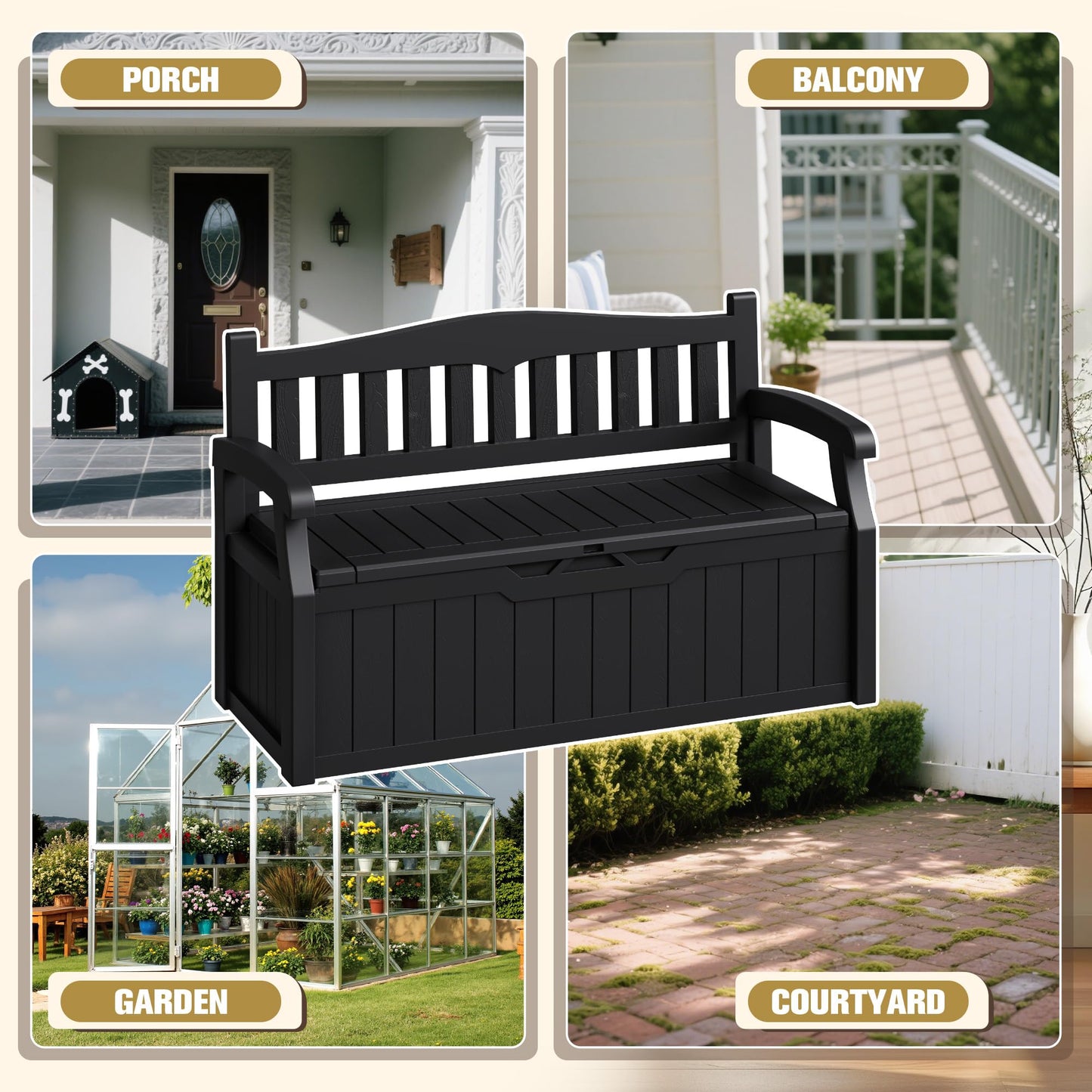 Acurax 80-Gallon Outdoor Storage Bench, Waterproof Deck Box with Lockable Lid & Armrests for Patio, Garden, Pool, Black