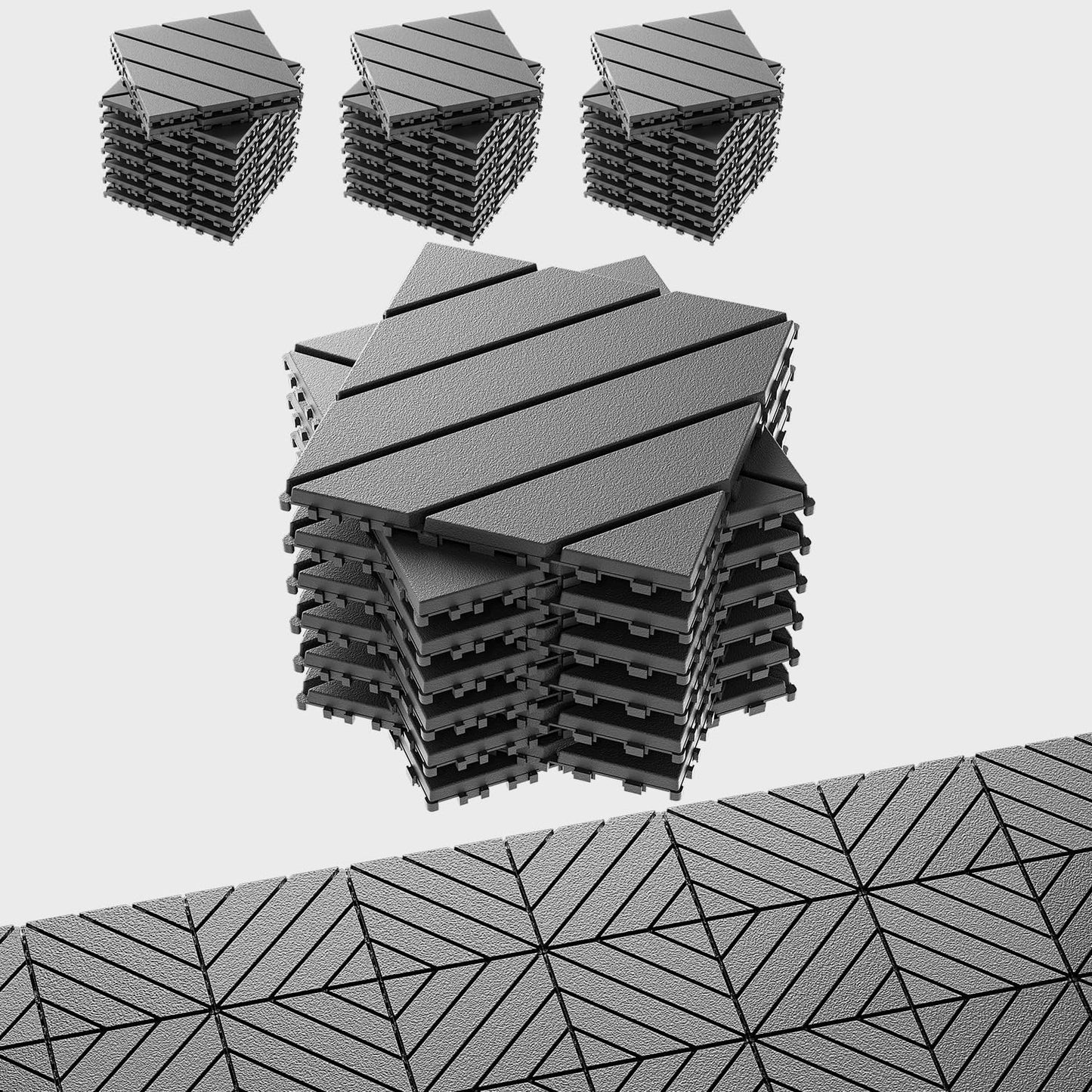 EchoDeck Interlocking Deck Tiles,44 Pack Patio Tiles Outdoor Interlocking All Weather,Patio Deck Tiles,12"x12",Diagonal,Sturdy Base,Highly Durable,Stylish,Non-Slip,Faster-Drying,Efficient,Dark Grey