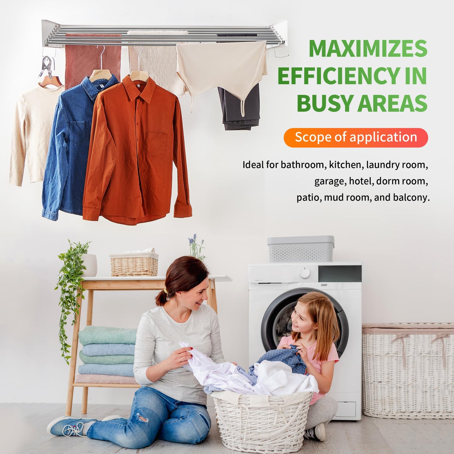 Heshecein Wall Mounted Drying Rack,Collapsible Drying Racks for Laundry,7 Stainless Steel Rods,Folding Indoor/Outdoor Drying Rack Clothing,Collapsible Laundry Drying Rack,47” Wide