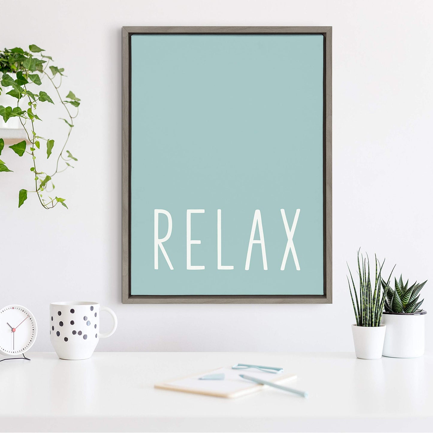 Kate and Laurel Sylvie Relax in Pale Teal Framed Canvas Wall Art by Apricot and Birch, 18x24 Gray, Relaxing Zen Art for Wall