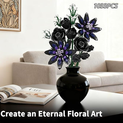 Flower Bouquet Building Set 12 Gothic Black Rose and Lotus Botanical Collection Building Block Toy Compatible with Lego Flowers for Adults Women Home Decor Gift for Valentine Mother's Day