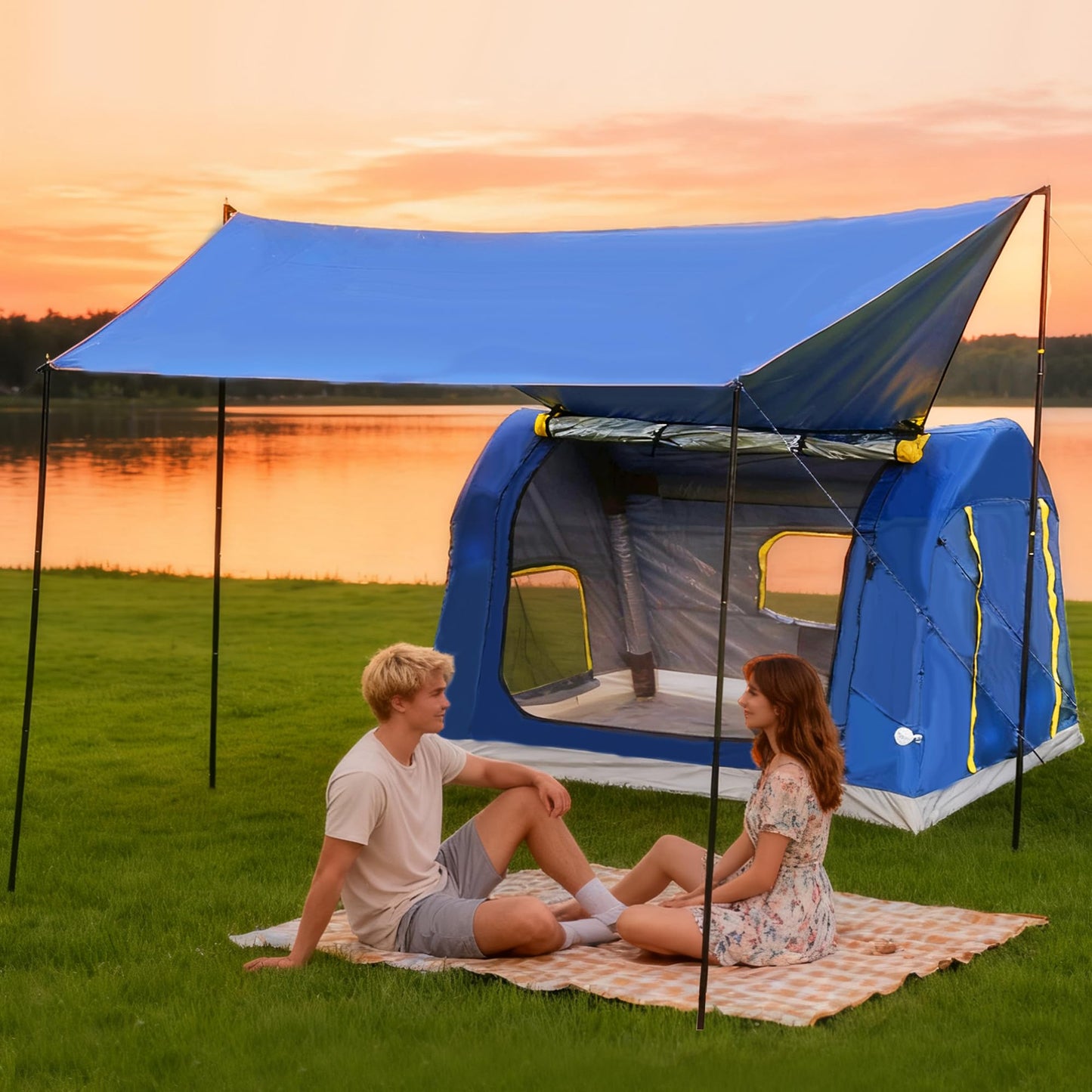 3-4 Person 3 in 1 Inflatable Tent, 60s Setup PU3000, 4-Season Waterproof Camping Tent with Electric Pump, All Weather Tent for Romantic Dates, Fall/Winter Camping, Hunting & Fishing