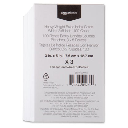 Amazon Basics Paper Flash Ruled Index Note Cards, Heavy Weight, White, 3 x 5 Inch Card, 300 Count, 100 Pack of 3