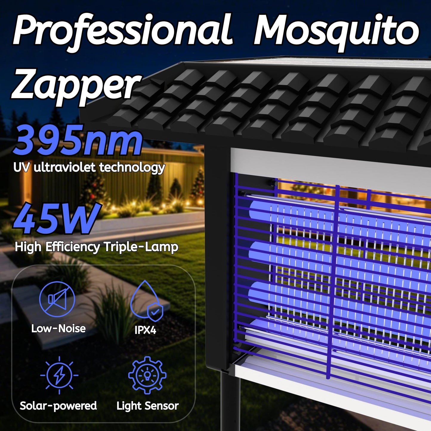 ZETAWALE Solar Powered Bug Zapper Outdoor, 4500V Mosquito Trap with 45W Solar Panel, Fly Trap & Mosquito Killer, 8000mAh Battery, IPX5 Waterproof, Covers Up to 4000 Sq.Ft for Patio, Backyard, Garden