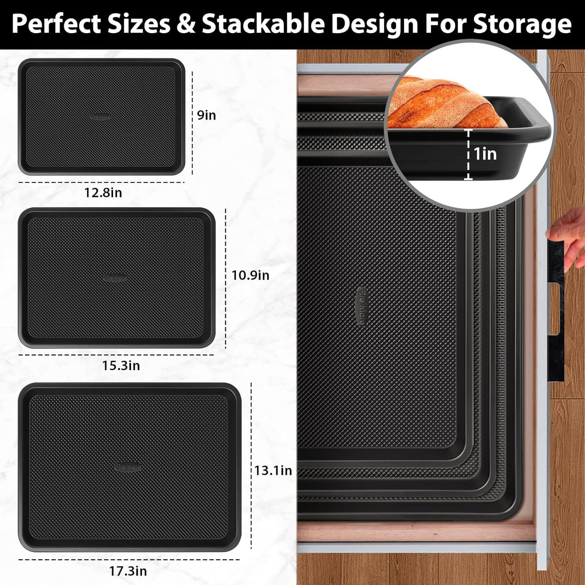 3 Pack Baking Sheet Pan Set - Heavy Duty Nonstick Cookie Sheets | 0.8mm Thick, Diamond Texture