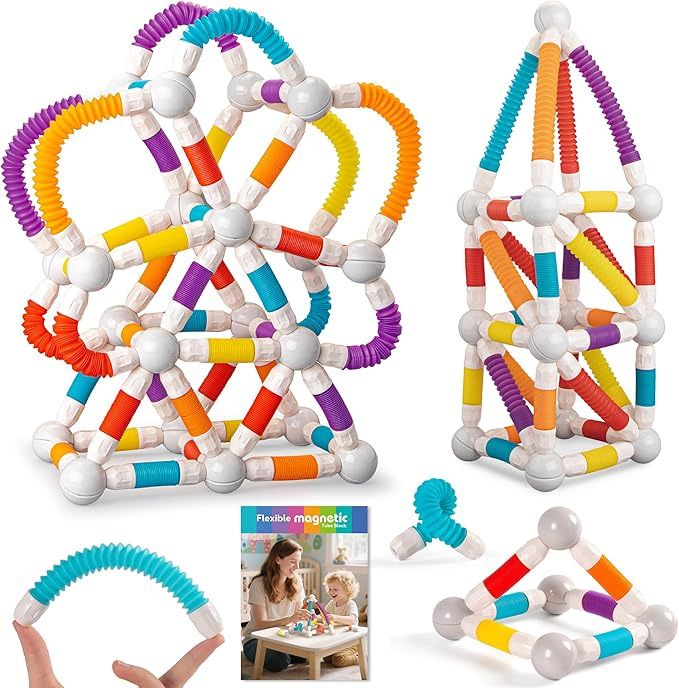 Magnetic Building Blocks Construction Set 66 Pieces Educational STEM Toy with Flexible Tubes and Connectors (66PCS)