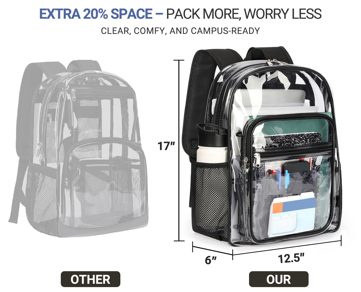 ZORFIN Clear Backpack Heavy Duty for School – 17in Transparent PVC Bag with Large Capacity & Reinforced Straps for Men, Women, Boys & Girls - See Through Bookbag for College Workplace Security, Black