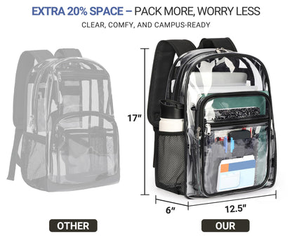 ZORFIN Clear Backpack Heavy Duty for School – 17in Transparent PVC Bag with Large Capacity & Reinforced Straps for Men, Women, Boys & Girls - See Through Bookbag for College Workplace Security, Black