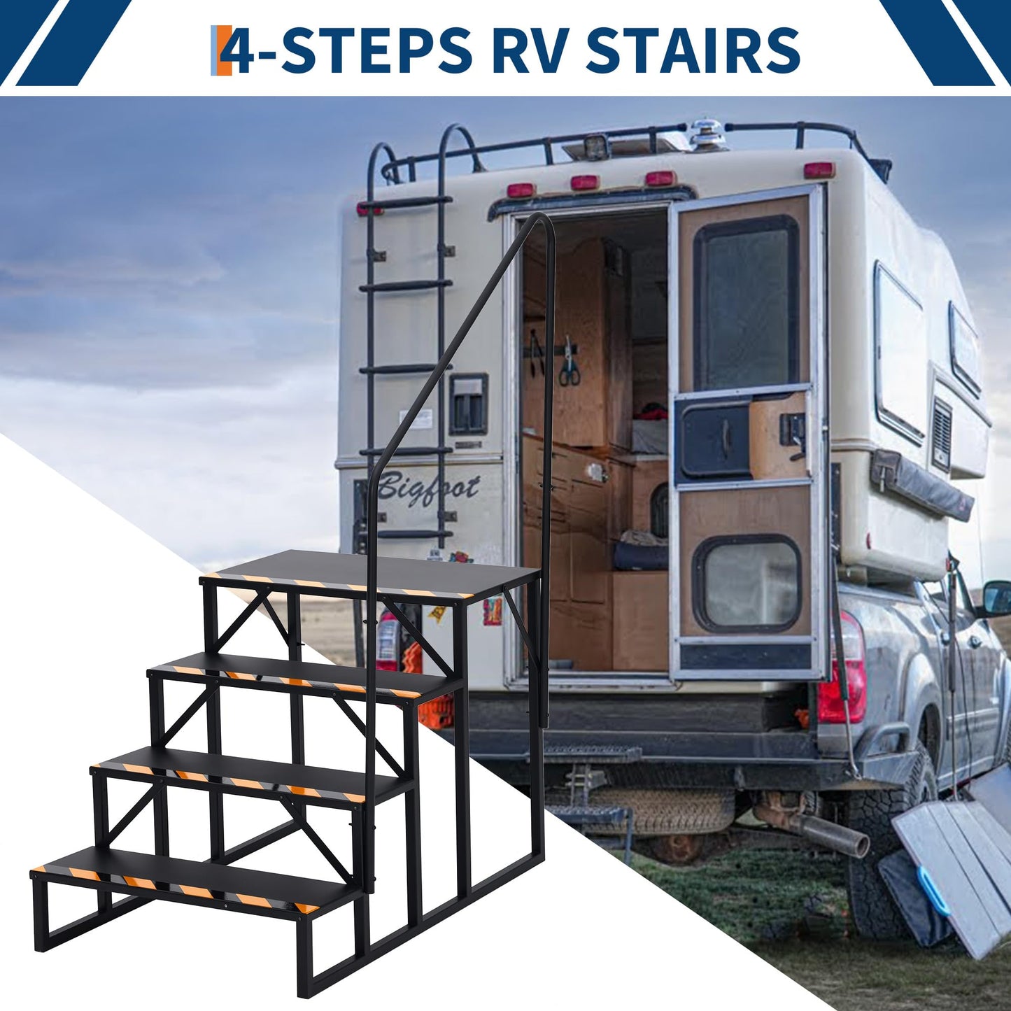 RV Steps with Handrails, 4 Step RV Stairs 660 Lbs Load Capacity,Portable Stairs Steps Steel Travel Trailers Ladder Step Ladder with Anti-Slip Panel, Mobile Home Stairs for Travel Trailers