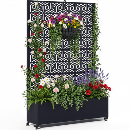 Ultym Metal Planter Box with Trellis 73"x47"x16", Galvanized Steel Raised Garden Bed with Privacy Screen, Lockable Casters, Planter with Drainage Holes for Outdoor Climbing Plants, Vegetables, Patio