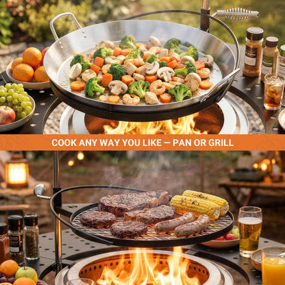 onlyfire Direct Mount Tabletop & Cooking Kit Combo for Solo Stove Bonfire 19.5 inch Fire Pit, 40" Round Heat-Resistant Surround Tray, Height-Adjustable Swivel BBQ Grate, Stainless Steel Griddle Plate