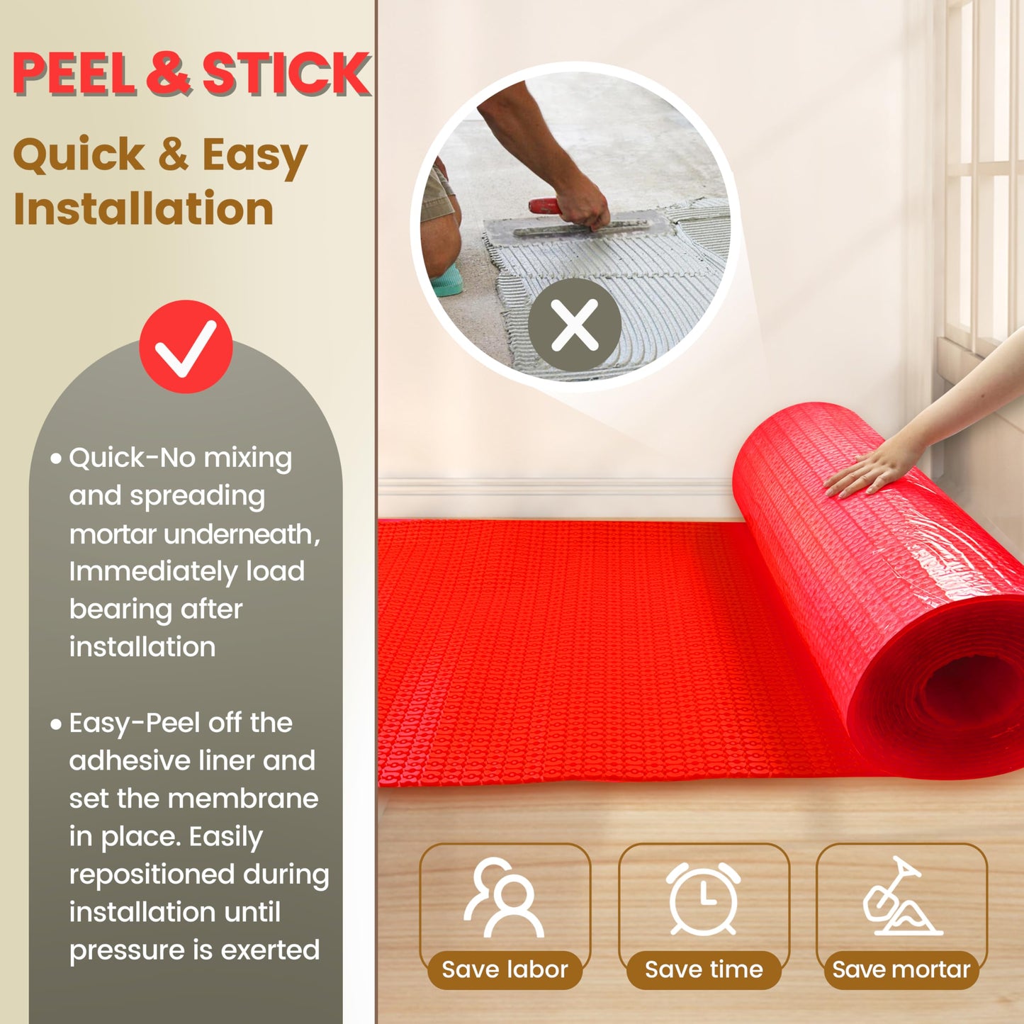 Self-Adhesive Peel and Stick Uncoupling Membrane Roll YeloDeer, Heating Floor Waterproofing Underlayment and Crack Prevention Membrane 108 Sq. Ft.