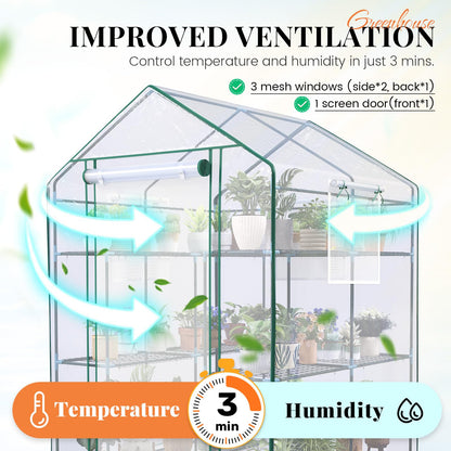 KING BIRD Premium Greenhouse for Outdoors, 56x56x77 in Walk-in Hot House with Thickened Cover, Reinforced Frame, Screen Windows & Mesh Door, 3 Tiers 14 Shelves for Outside Garden Seedlings, Clear