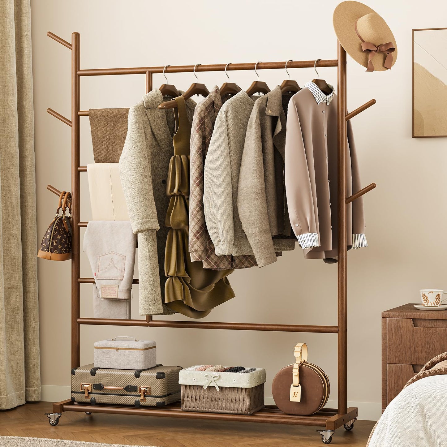 Yoobure Solid Wood Clothing Rack - Rolling Clothes Rack with Wheels, 4-in-1 Coat Rack with Pants Rack & Shelf, Freestanding Clothing Racks for Hanging Clothes, Garment Rack for Closet Bedroom Entryway