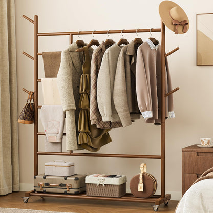 Yoobure Solid Wood Clothing Rack - Rolling Clothes Rack with Wheels, 4-in-1 Coat Rack with Pants Rack & Shelf, Freestanding Clothing Racks for Hanging Clothes, Garment Rack for Closet Bedroom Entryway