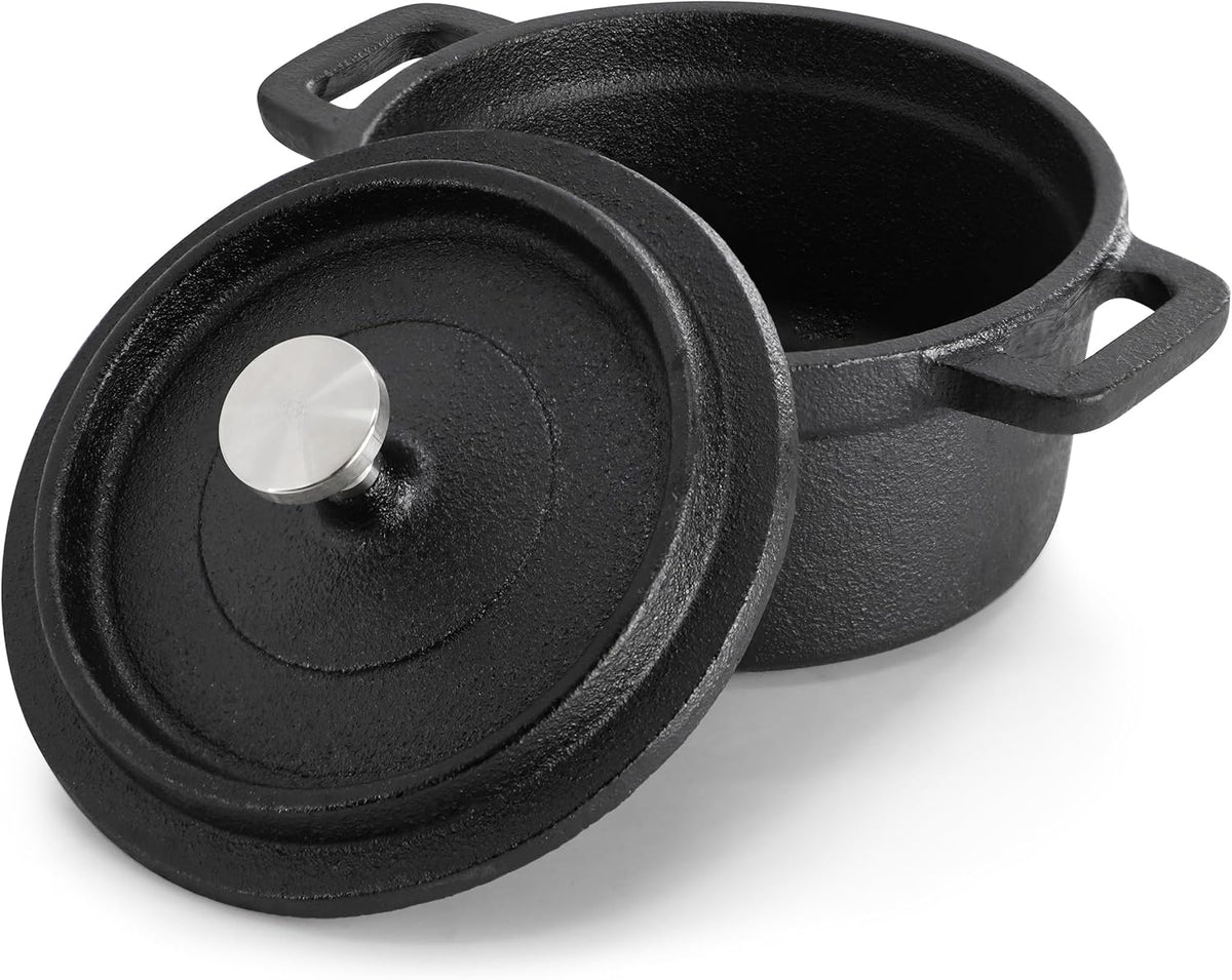 MegaChef Cast Iron Mini Dutch Oven - 8 Ounce Cookware with Wood Tray | Versatile Bakeware & Serveware Set
