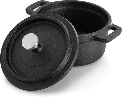 MegaChef Cast Iron Mini Dutch Oven - 8 Ounce Cookware with Wood Tray | Versatile Bakeware & Serveware Set