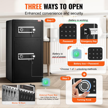 VEVOR Double Doors 5.5 cu.ft Safe Box with Key Lock & Password, Safe Lock Box with Fireproof Bag, Key Rack, LED Light, 2 Height Adjustable and Removable Divider and 1 Cabinet for Money,Documents,Black