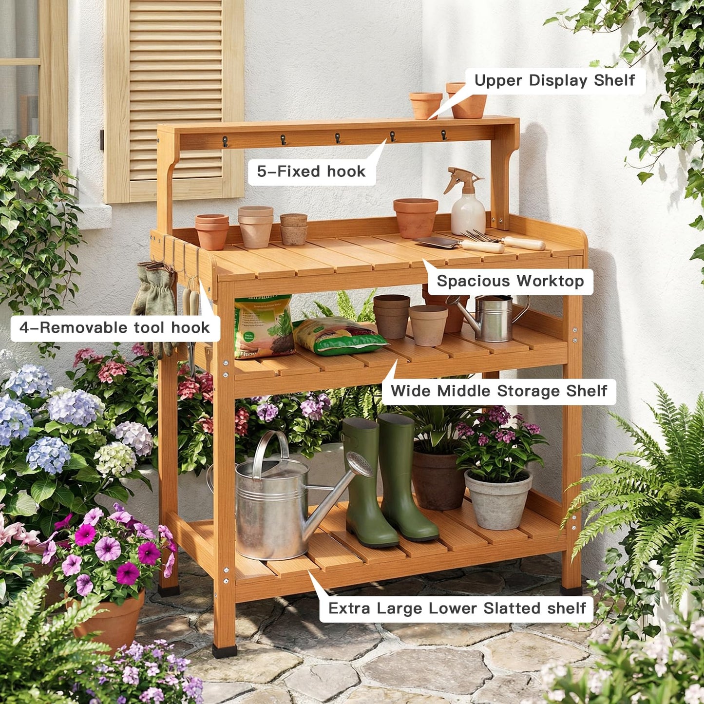 Frogprin Potting Bench Table, Extra-Large Outdoor Garden Potting Bench (HDPS) with 9 Hooks, All-Weather Garden Table Work Station, No Rust, No Fade, No Break (Teak, 35.6''X16.5''X45.5'')