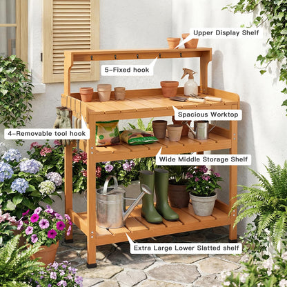 Frogprin Potting Bench Table, Extra-Large Outdoor Garden Potting Bench (HDPS) with 9 Hooks, All-Weather Garden Table Work Station, No Rust, No Fade, No Break (Teak, 35.6''X16.5''X45.5'')