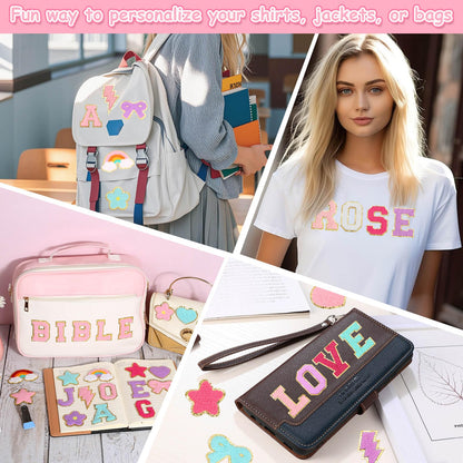 Mckanti 160 Pcs Chenille Patches and Fabric Glue for DIY Clothing, Include 130 A-Z Letter Patches, 30 Cute Patches and 1 Fabric Glue for Clothes, Backpacks, Bags
