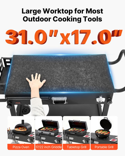 VEVOR Outdoor Grill Cart, 31.0 x 17.0 inch Tabletop Size Grilling Table, Foldable Outdoor Cooking Table with Tissue Holder, Wheels, Magnetic Tool Rack, BBQ Prep Tables for Picnic, Kitchen, Courtyard