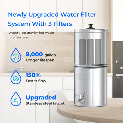 Waterdrop TK-AE Gravity Water Filter System, with 3 Black Carbon Filters and Metal Spigot, 9000 Gallon Longer Lifespan and 150% Faster Flow for Home, Travel, Emergencies, 2.25G