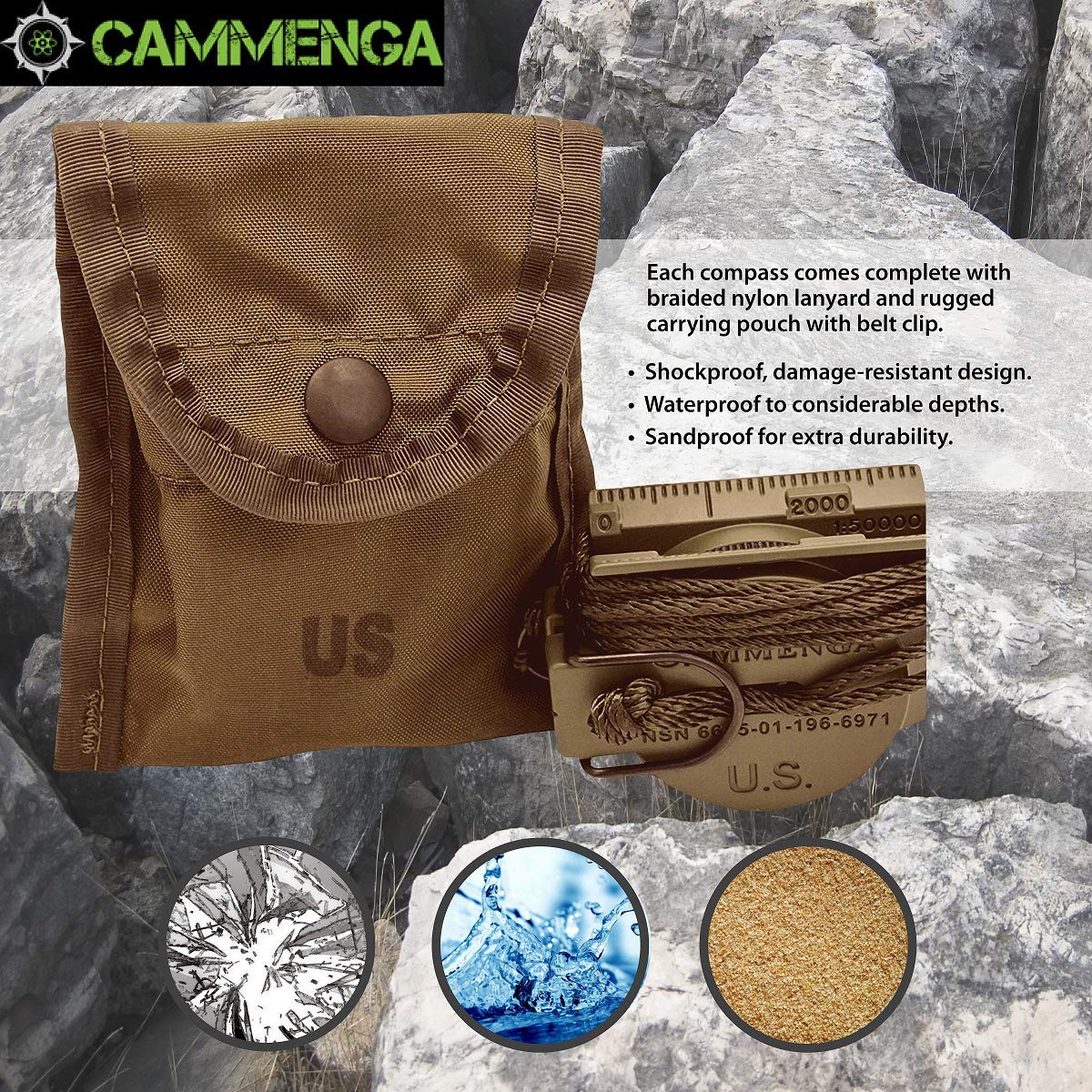 Cammenga US Military Tritium Lensatic Compass Coyote Brown - Hand Held Military Compass with Clam Shell Storage Case and Waterproof Pouch