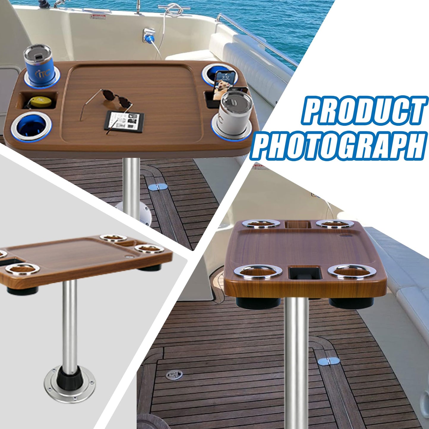 Pontoon Boat Table Set, 18"x34" Large Party Table with 2.5" Aluminum Pedestal Leg, 4 Yeti-Size Drink Holders & 2 Phone Slots – UV Resistant, Wobble-Free (Burylywood/Silver)