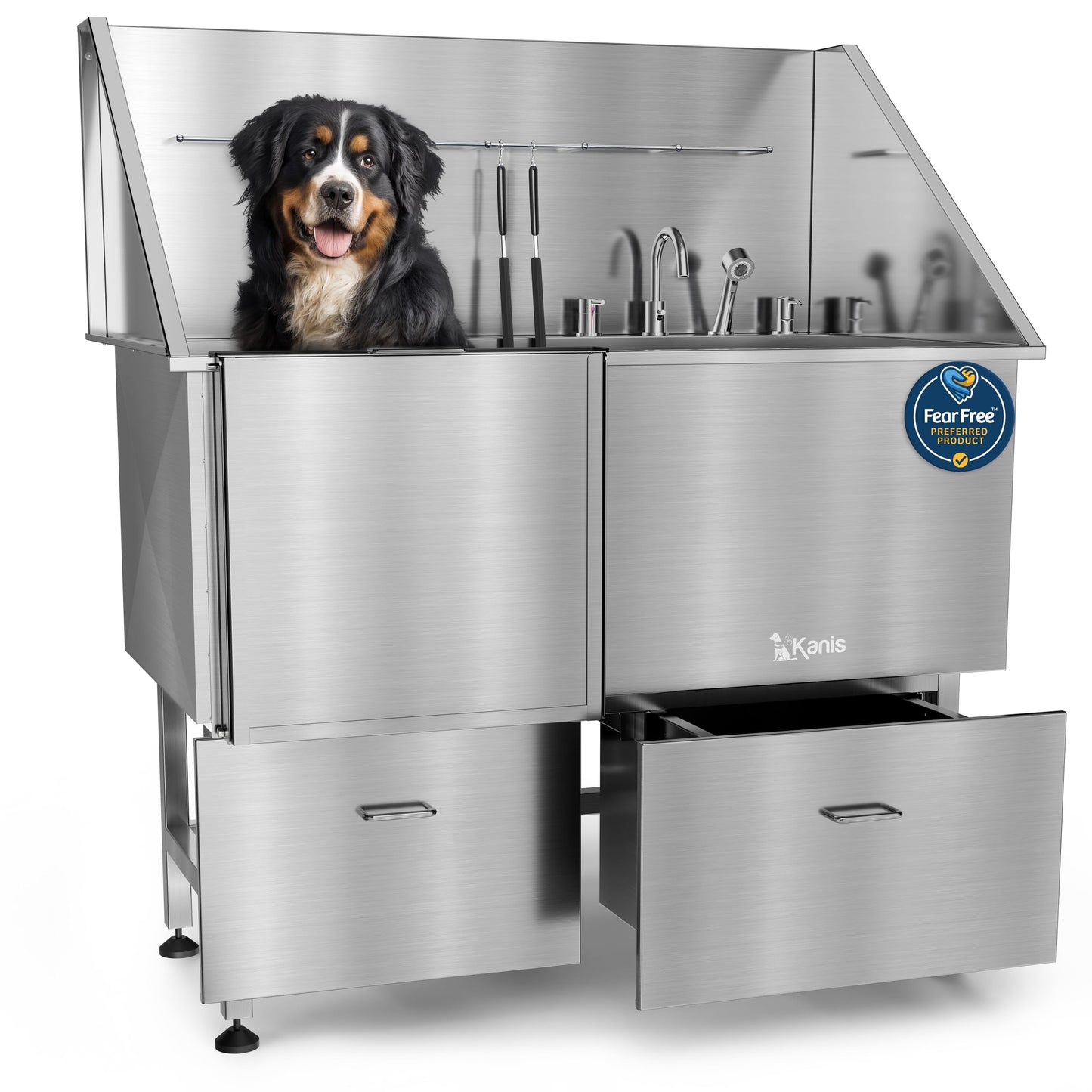 KANIS Professional Dog Washing Station 304 Stainless Steel Pet Wash Sink & Grooming Bathtub w/Shower, Floor Grates and Storage for Large, Medium & Small Pets (Silver, 50 Inches, Left Ramp, 2 Drawers)