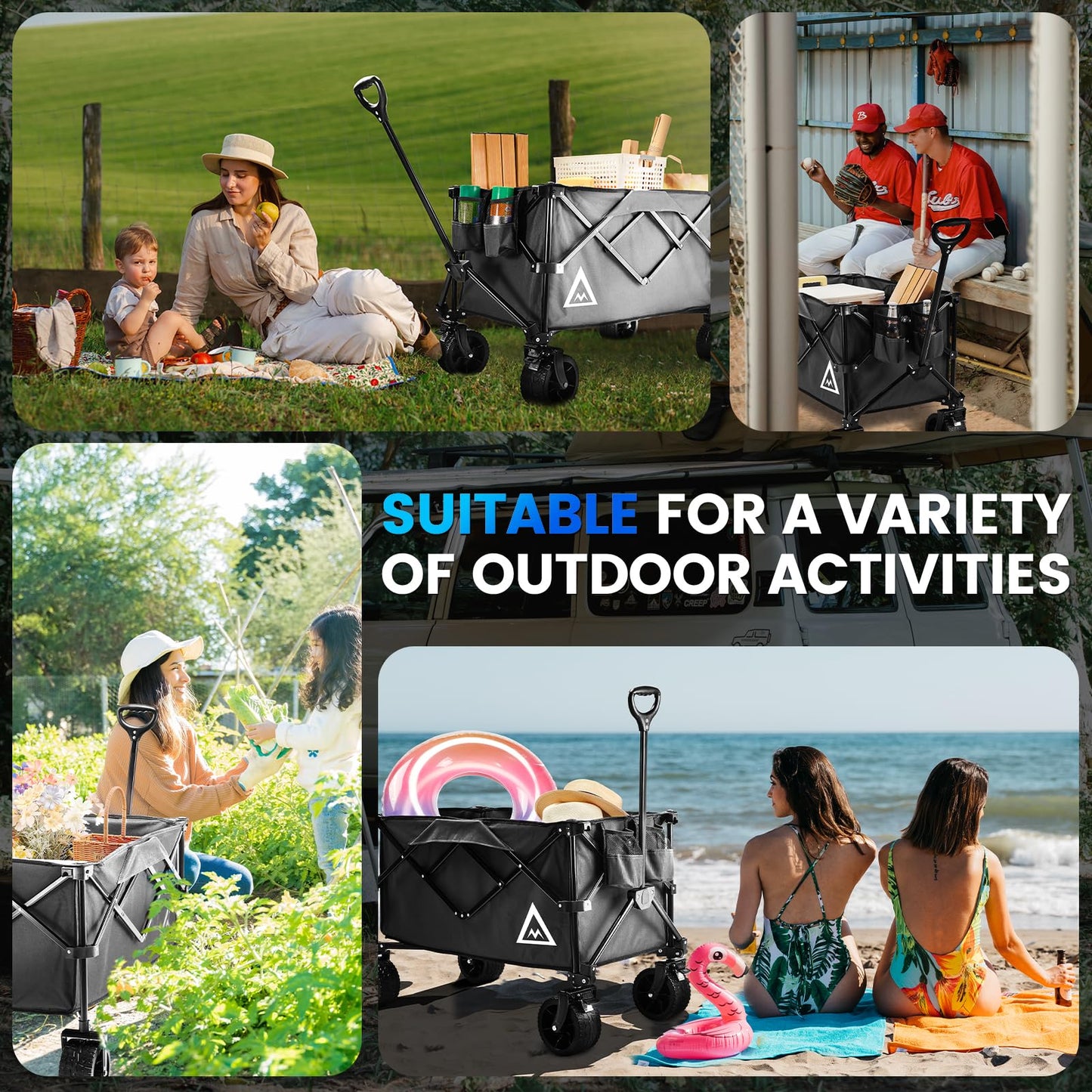 Wagon Cart Shopping Cart Large Capacity Collapsible Wagon with Wheels On Beach Garden Outdoor Utility Carts for Grocery All Terrain Portable Wagons Carts for Groceries Sand Camping Sports Black