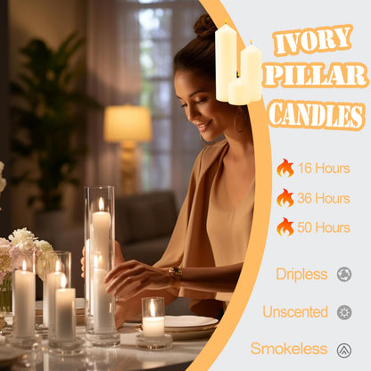 Veiuwa 72 Pack Ivory Pillar Candles Bulk Set, 2x3 2x6 2x8 Inch - 24 Each Size, Dripless Smokeless Clean Burning for Wedding Centerpieces, Home Decor, Church, Romantic Ambiance！