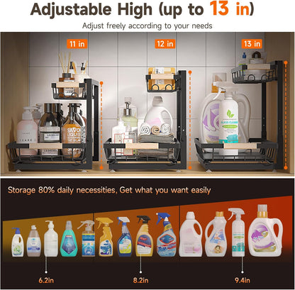 Sevenblue Under Sink Organizer - Height Adjustable 2-Tier Storage Shelf for Kitchen & Bathroom (Black, Large)