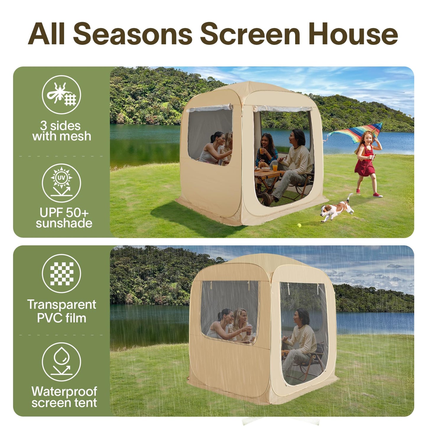 Alvantor® Pop Up Screen House, 4 in 1 Outdoor Camping Tent,6'x6'Screen Room with Mosquito Netting &Waterproof PVC, SUV Tent with Carry Bag, Instant UV Resistant Sun Shelter for Garden, Patio, Backyard