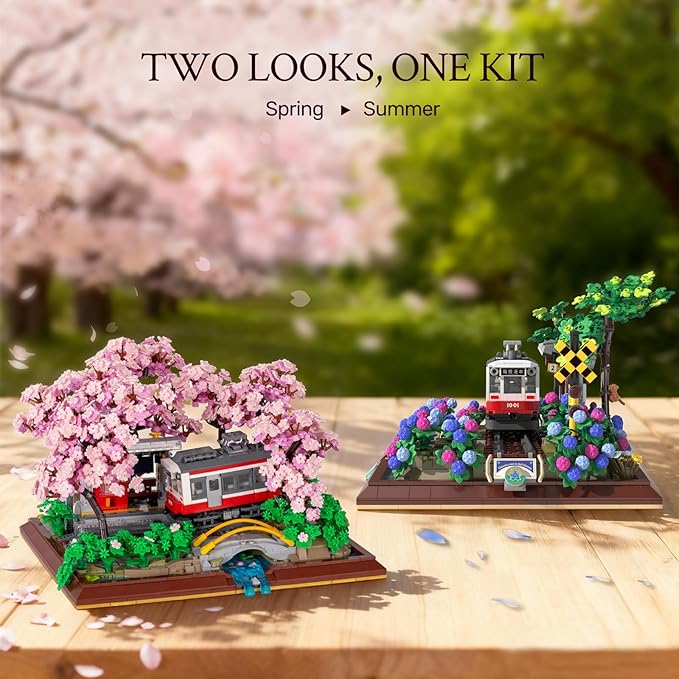 Wise Block Cherry Blossom Train Diorama Building Set – Japanese Artificial Bonsai Tree Building Toy Building Block Set for Home Office Botanical Decor Birthday Gifts for Adults 3150 Pcs