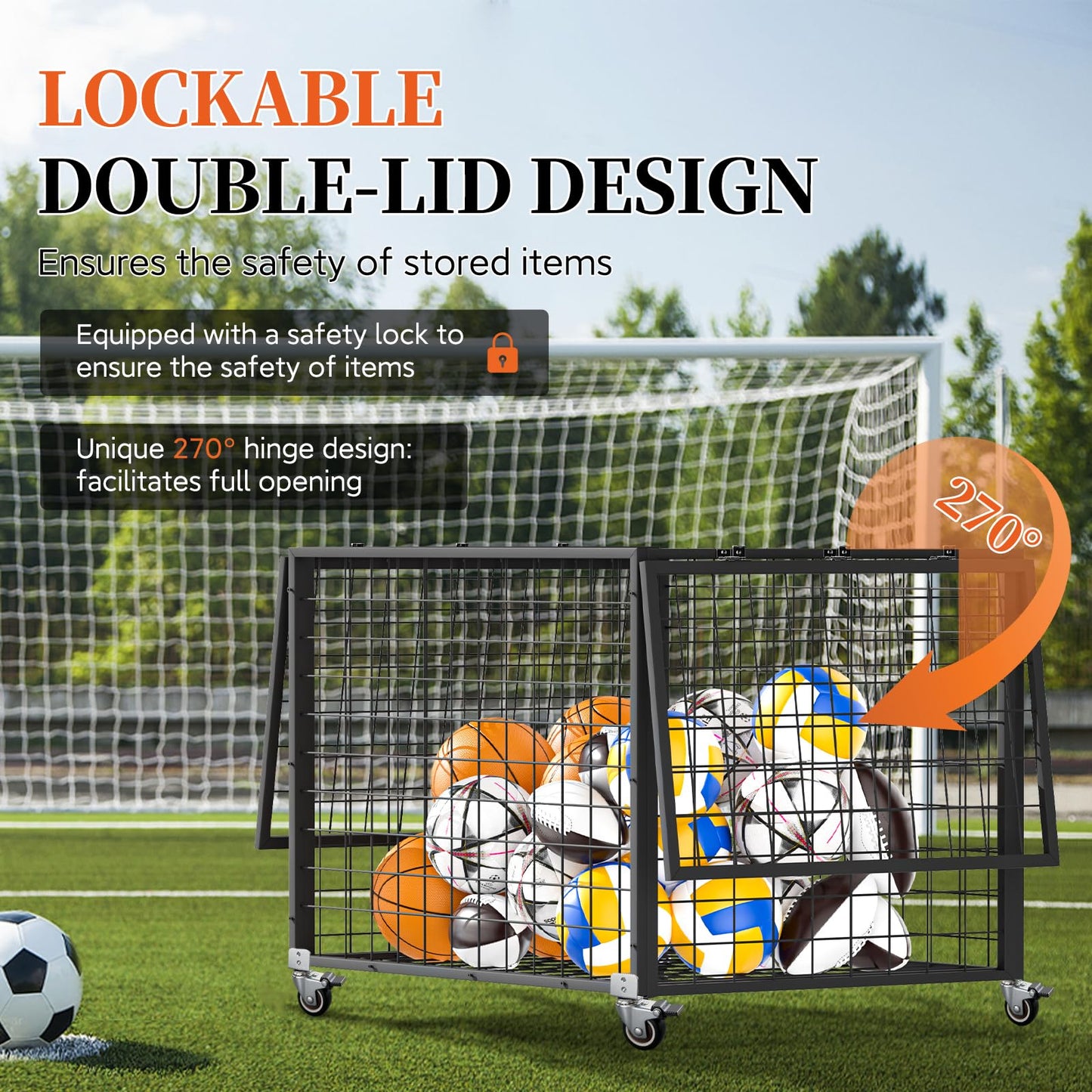 RCZSCBK Sports Ball Storage Cart, Lockable Ball Cart with Double Lid,Ball Rack with Wheels,Rolling Sports Ball Storage Cart is Suitable for Gyms, Schools, Clubs, Indoor and Outdoor Basketball Storage