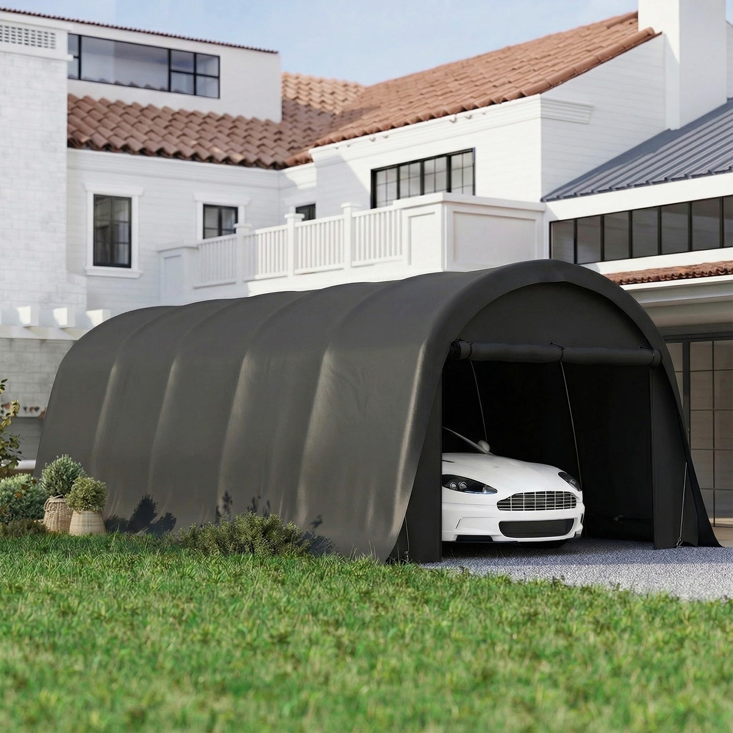 Outsunny 12' x 23.6' Heavy Duty Carport, Portable Garage Car Canopy Tent with UPF50+ Sun Protection, Galvanized Frame, Large Roll-Up Door for Cars, Trucks, Boats, Motorcycle, Bike, Dark Gray