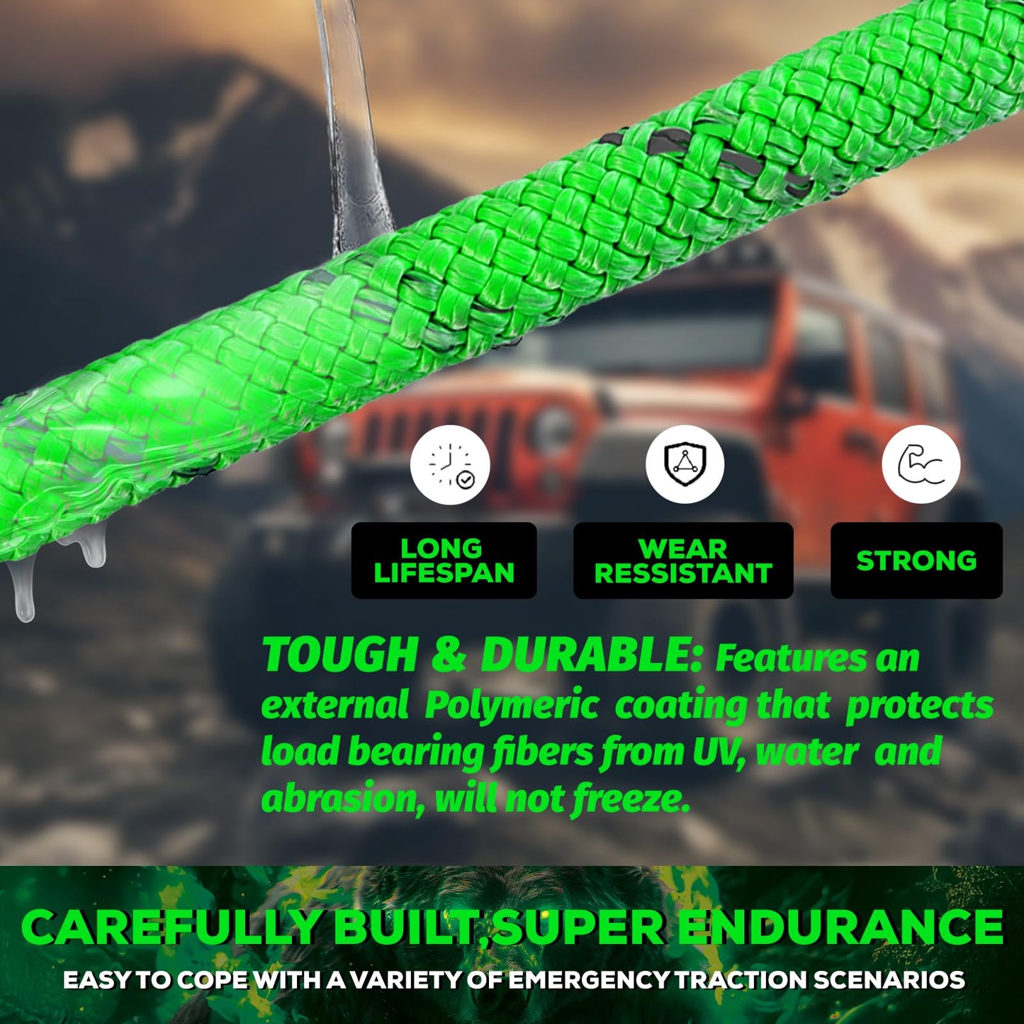 YUNFUER Heavy-Duty Kinetic Recovery Rope Kit – 48,600lbs, 1in x 30ft – Includes 2 Ultra-Strong UHMWPE Soft Shackles – 35%+ Elasticity for Off-Road Recovery, Towing & Emergency Use (Reflective)