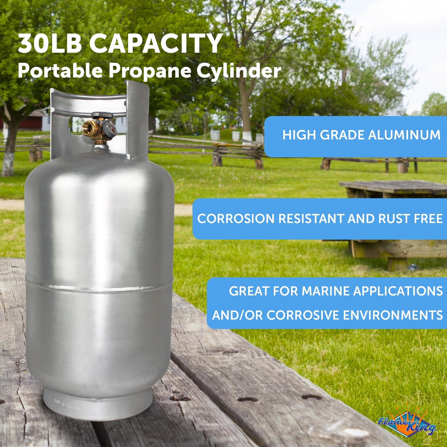 Flame King 30LB Aluminum Propane Tank with Gauge & OPD Valve, Corrosion-Resistant and Rust-Free, Lightweight, Great for Marine Applications, Grills and BBQs, Camping, Fishing, & Outdoor Activities