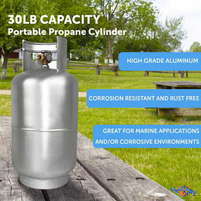 Flame King 30LB Aluminum Propane Tank with Gauge & OPD Valve, Corrosion-Resistant and Rust-Free, Lightweight, Great for Marine Applications, Grills and BBQs, Camping, Fishing, & Outdoor Activities