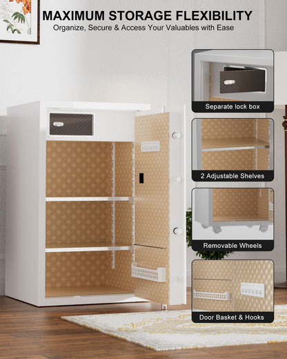 TIGERKING 7.2 Cu Ft Large Home Security Safe – Solid Steel Jewelry Cabinet with Digital Touchscreen Lock, Adjustable Shelves, Easy to Use, Anti-Theft Protection, for Families & Valuables (White)