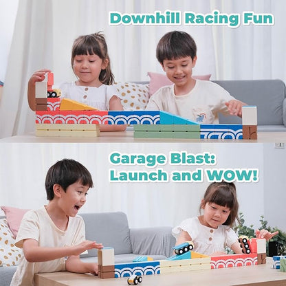 QBI Magnetic Blocks Play Starter Set – STEM Construction Toys &amp Race Car Track for Kids Ages 3-5+｜Educational Magnet Building Tiles with 2 Ramps &amp 4 Vehicles｜Montessori Gift for Boys &amp Gir