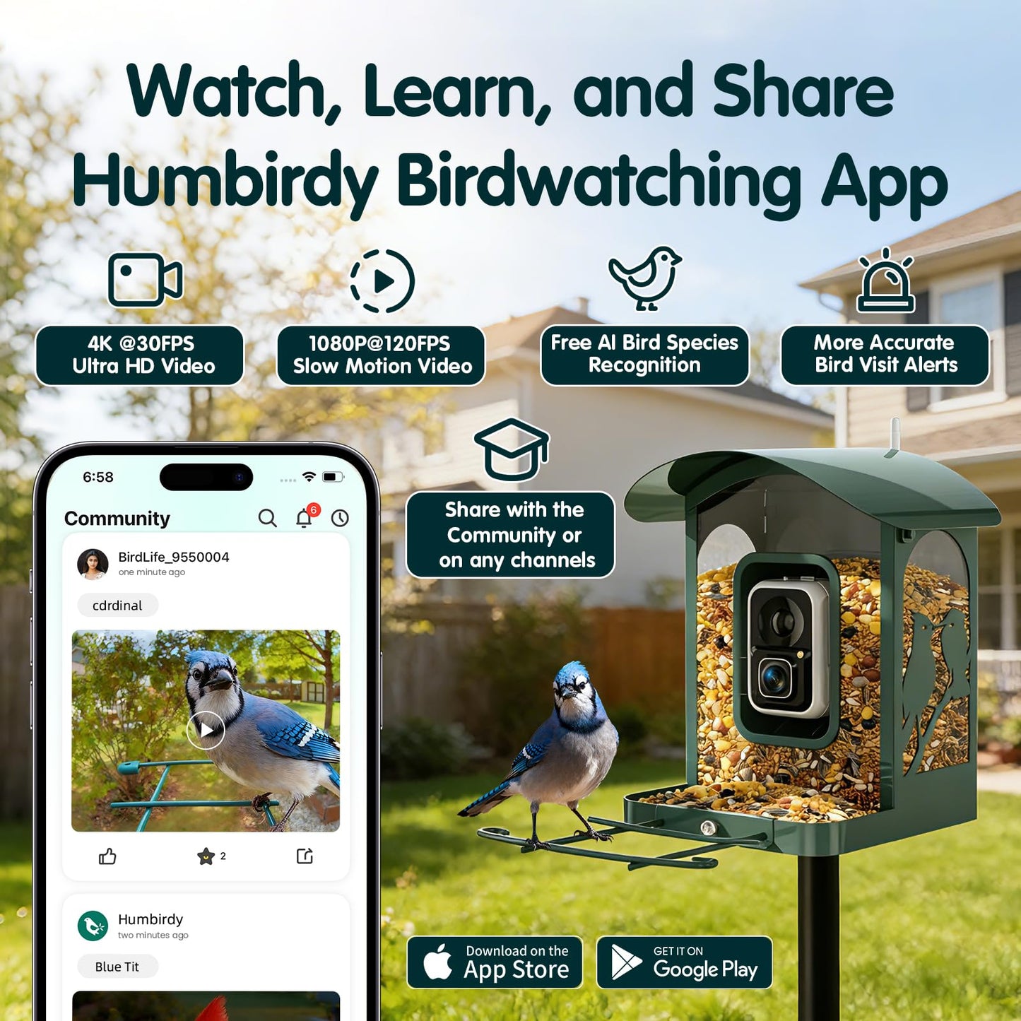 Humbirdy Bird Feeder with Camera, 4K Ultra HD Video with 30fps Live View, 10x Slow Motion, No Subscription, Solar Powered AI Smart Bird Feeder with Camera, 2.4G/5G Wi-Fi, Durable Metal,Bird Lover Gift