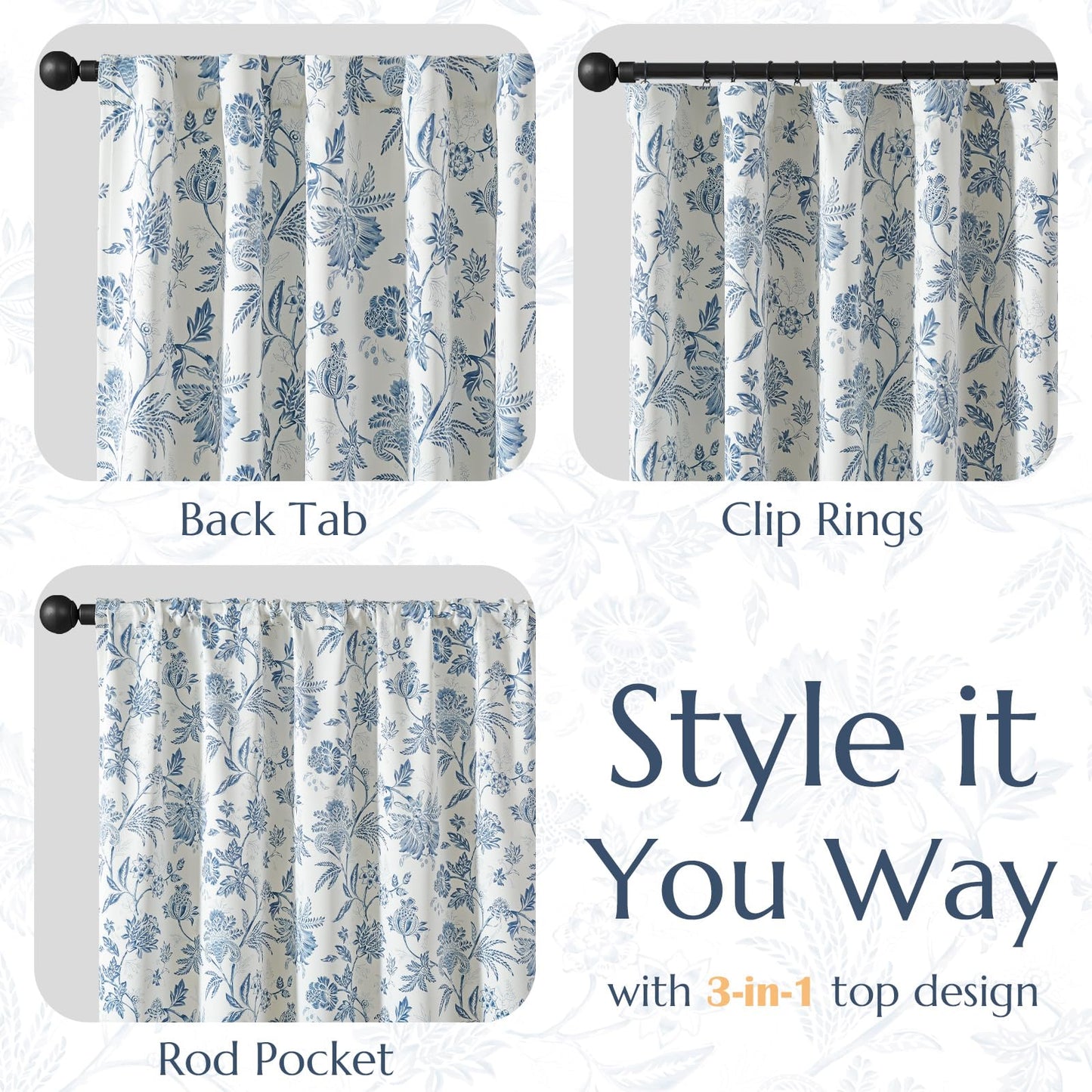 jinchan Blackout Floral Curtains for Bedroom, 84 Inches Long Printed Flower Black Out Curtains, French Country Back Tab Blue Window Treatment Farmhouse Drapes Set 2 Panels Blue