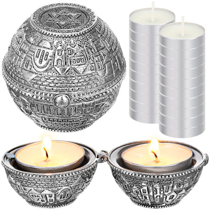 Skybooly Jewish Shabbat Metal Travel Candle Holders Silver Travel Size Jerusalem Candlesticks with 10 Pcs Mini Tealight Candles Small White Votive Tea Lights Candles Unscented Set for Home Shabbat