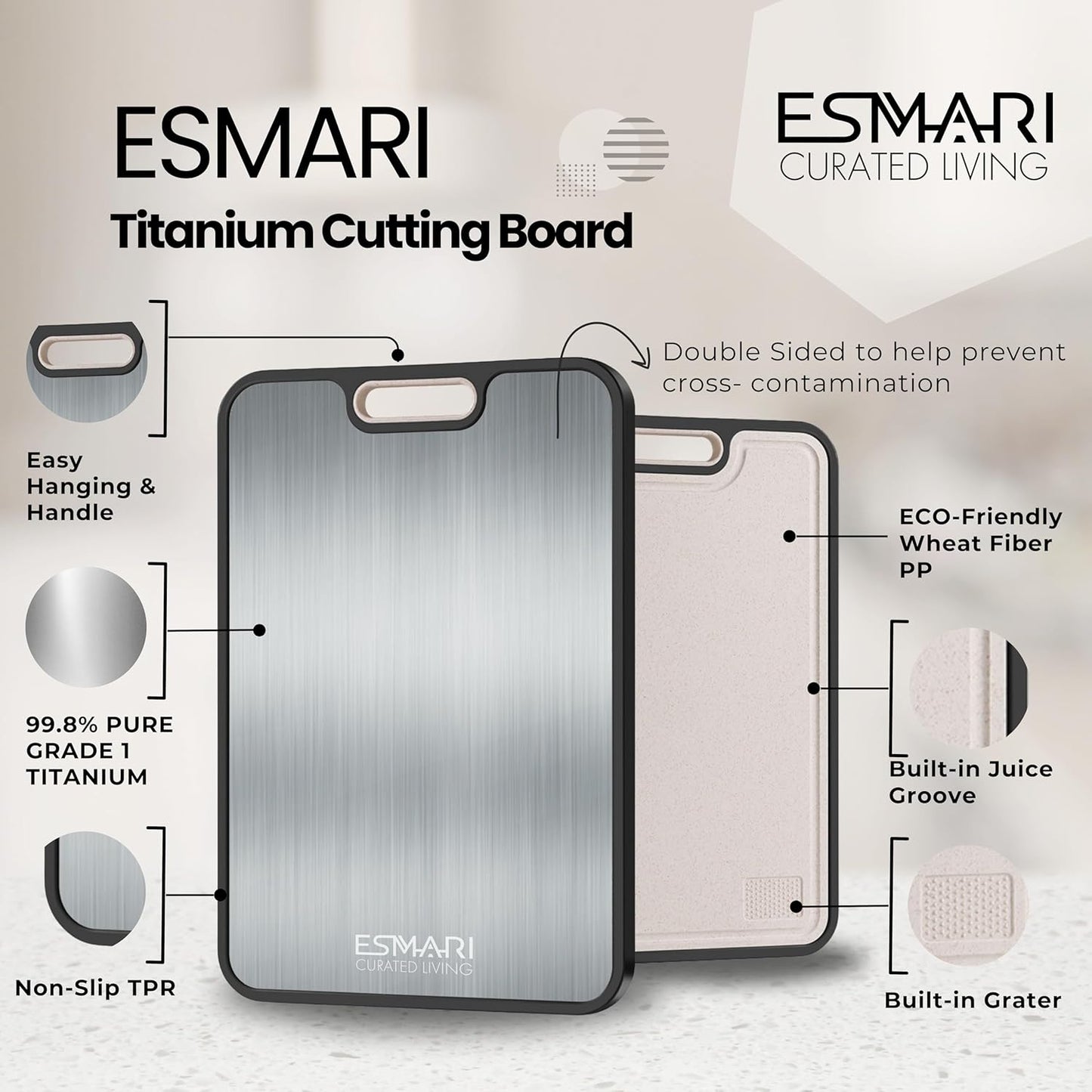 Titanium Cutting Board - 2-in-1 Double-Sided Food Grade Pure Titanium & PP | Large 16” × 11” for Easy Cleaning